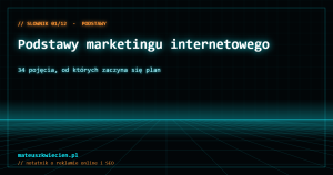 Neonowa grafika w stylu siatki z napisem Podstawy marketingu internetowego i podpisem 34 pojęcia, od których zaczyna się plan