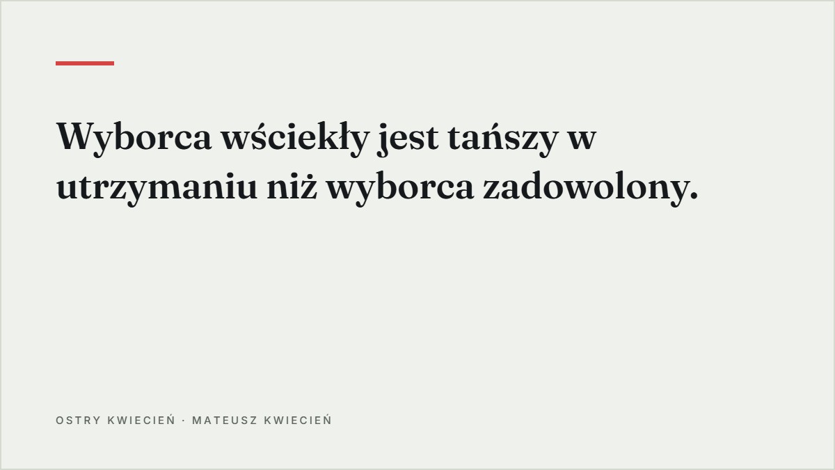 Cytat z tekstu: Wyborca wściekły jest tańszy w utrzymaniu niż wyborca zadowolony.