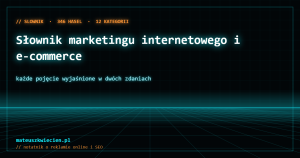 Neonowa grafika w stylu siatki: napis Słownik marketingu internetowego i e-commerce nad świecącym horyzontem, podpis mateuszkwiecien.pl