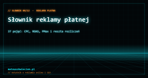 Neonowa grafika w stylu siatki z napisem Słownik reklamy płatnej i podpisem 37 pojęć: CPC, ROAS, PMax
