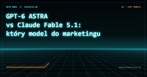 Okładka wpisu: GPT-6 Astra vs Claude Fable 5.1: który model AI do marketingu i kreacji — styl TRON, notatnik Mateusza Kwietnia