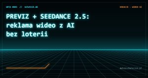 Okładka wpisu: Previz w Blenderze + Seedance 2.5: reklama wideo z AI bez loterii (Higgsfield) — styl TRON, notatnik Mateusza Kwietnia