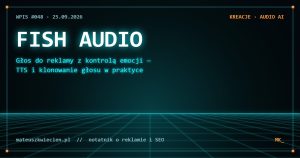 Okładka wpisu #048: Fish Audio — TTS i klonowanie głosu z kontrolą emocji w reklamie (styl TRON, notatnik mateuszkwiecien.pl)