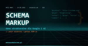 Okładka wpisu: napis Schema markup na tle neonowej siatki w stylu TRON, obok fragment kodu JSON-LD