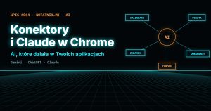 Okładka w stylu TRON: napis Konektory i Claude w Chrome, schemat AI połączonego z kalendarzem, pocztą, zadaniami, dokumentami i przeglądarką