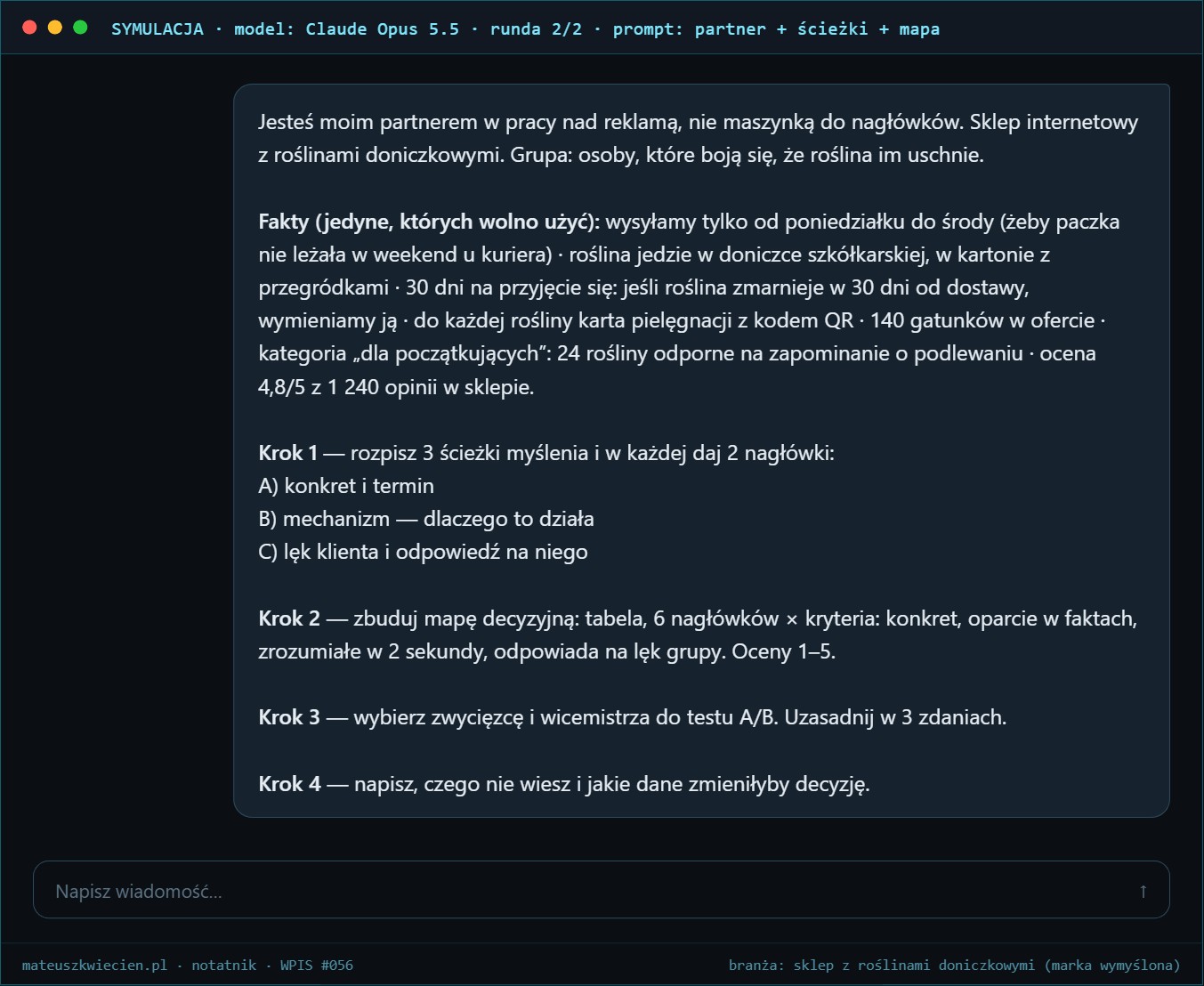 Symulacja rozmowy z Claude Opus 5.5, runda 2: prompt traktujący AI jak partnera — fakty, trzy ścieżki myślenia, mapa decyzyjna i pytanie o braki w danych