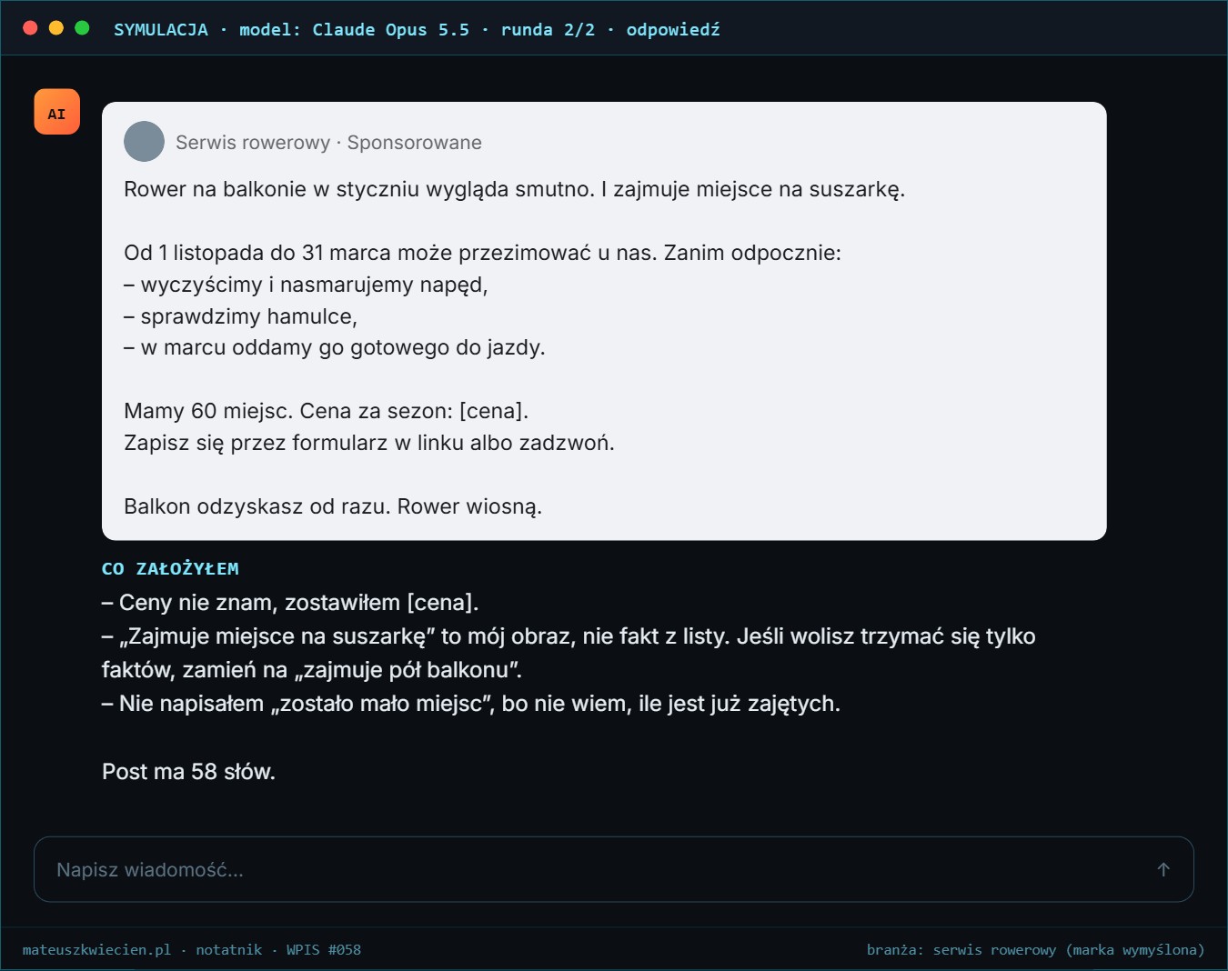 Symulacja rozmowy z Claude Opus 5.5, runda 2: gotowy post o zimowej przechowalni rowerów i lista założeń modelu
