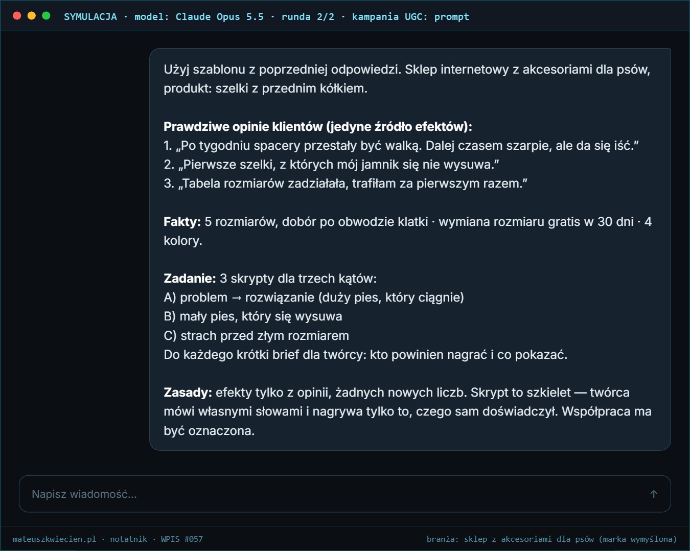 Symulacja rozmowy z Claude Opus 5.5, runda 2: prompt kampanii UGC — szablon, prawdziwe opinie klientów, fakty, trzy kąty i zasady